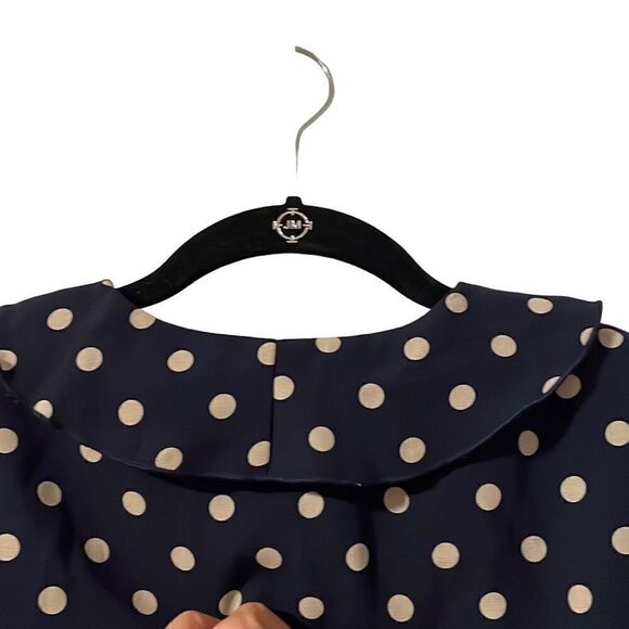 Susan Graver navy w polka dots button up gentle ruffle collar blouse M - Picture 4 of 9